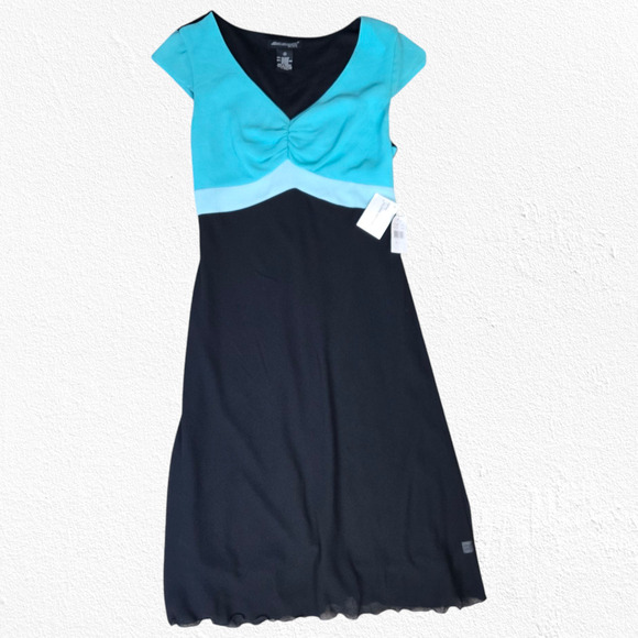 Y2K Turquoise Black Color Block Chiffon Deadstock Cap Sleeve Midi Dress Size 10 - Picture 1 of 8